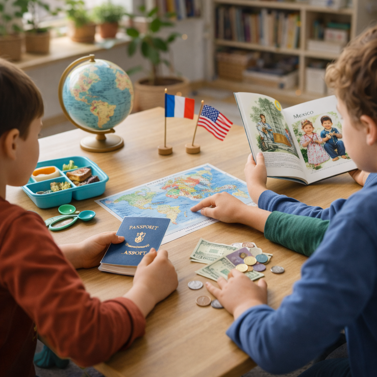 Enfants explorant des thèmes du monde lors d’un camp