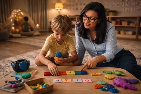 Enfant soutenu par un enseignant dans une activité inclusive