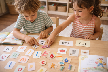 Enfant jouant à un jeu de lettres colorées