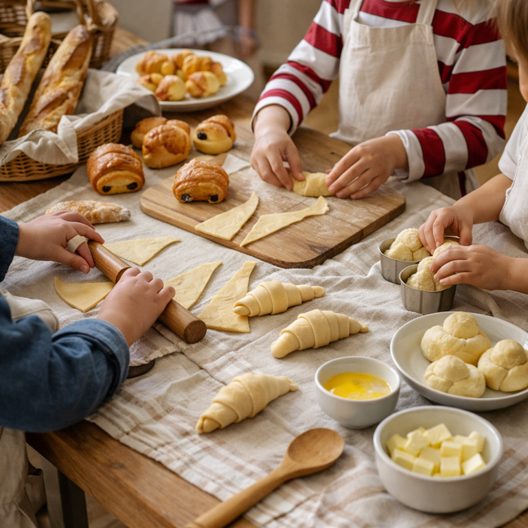 Enfants décorant des pâtisseries françaises
