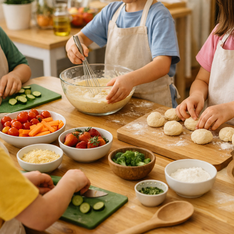 Enfants cuisinant avec des ustensiles adaptés