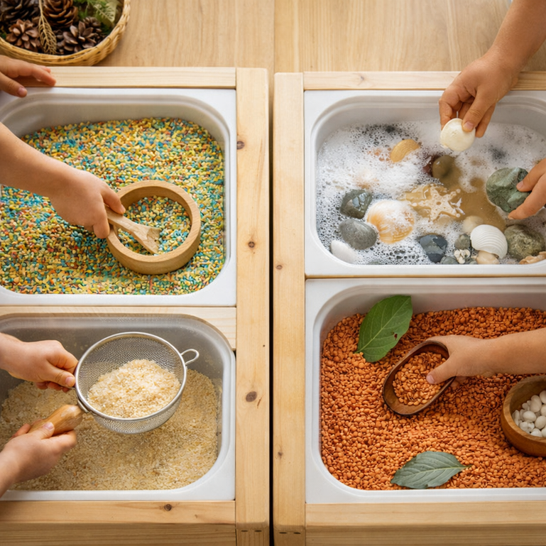 Enfant jouant avec des bacs sensoriels